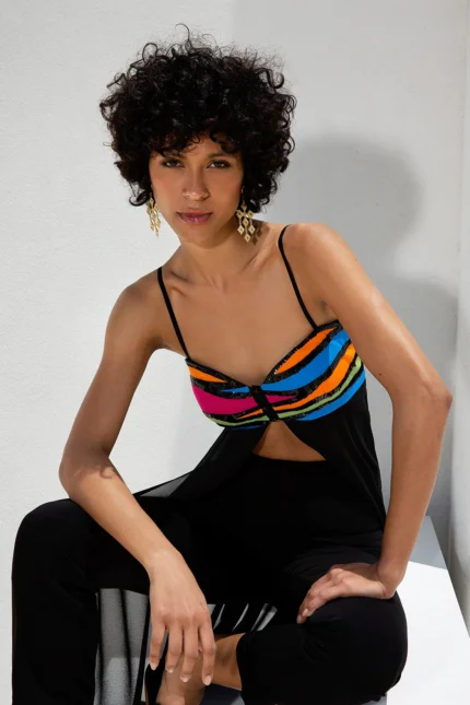 Πολυχρωμο κροπ τοπ με μαυρη μουσελινα και παντελόνι