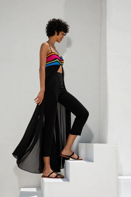 μαυρο κοκτειλ σύνολο για επίσημες εμφανίσεις, πολύχρωμο τοπ με παύρο παντελόνι